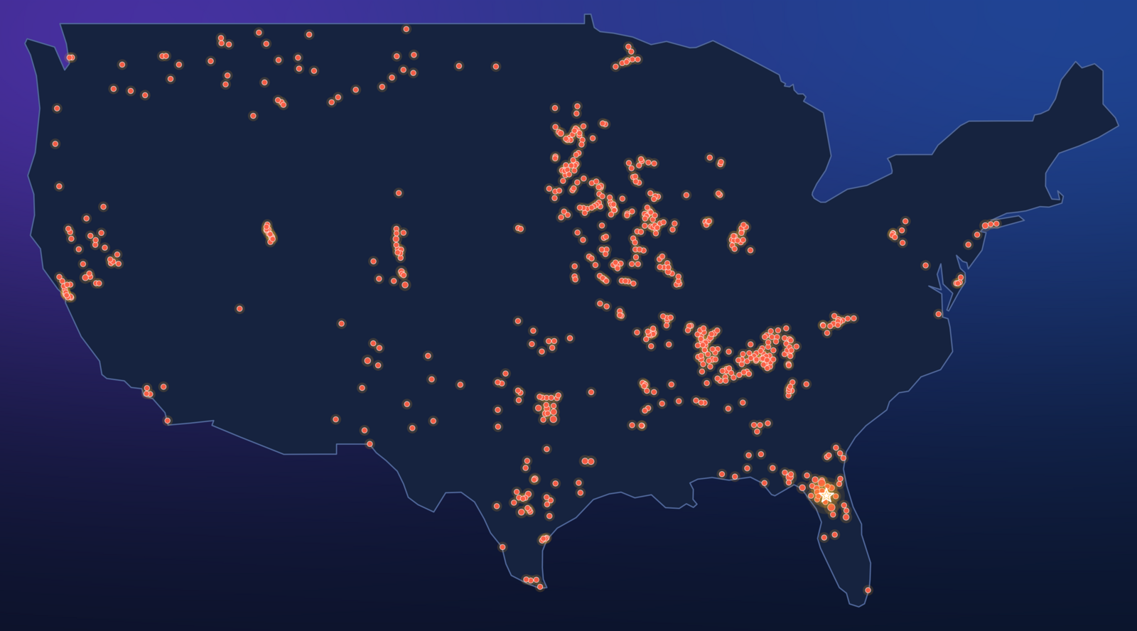 Map of the United States showing CarePack (Atris Technology) client locations nationwide, with a star marking company headquarters in Gainesville, Florida